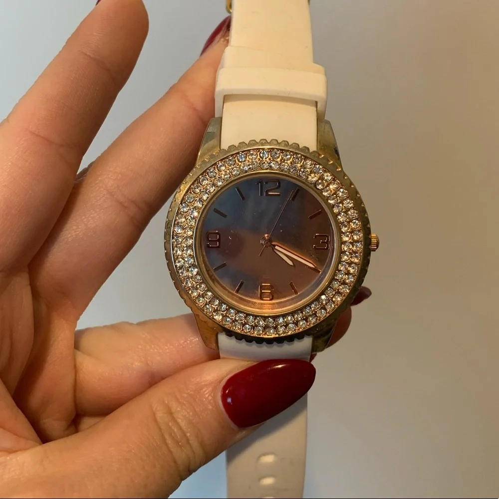 Rose gold & diamond accent watch with white band